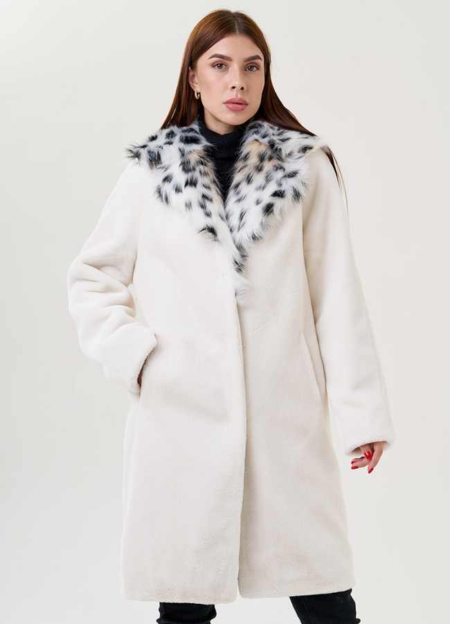 Пальто с воротником из искусственной рыси модель № 23620 меха малина