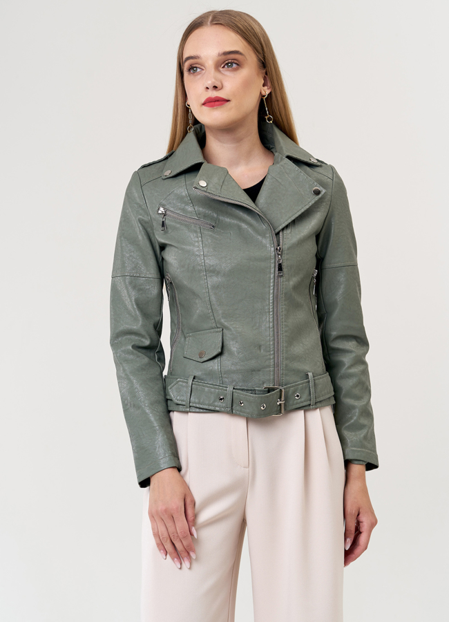 Куртка из эко кожи зеленого цвета модель № 21249, 22692 меха малина