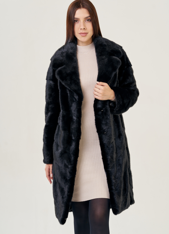Норковая шуба с английским воротником в черном цвете модель № 23110 в рассрочку