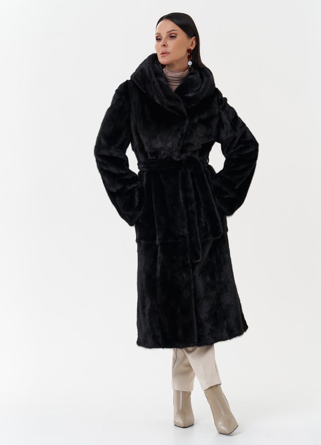 Женская норковая шуба с капюшоном модель № 27663 меха малина