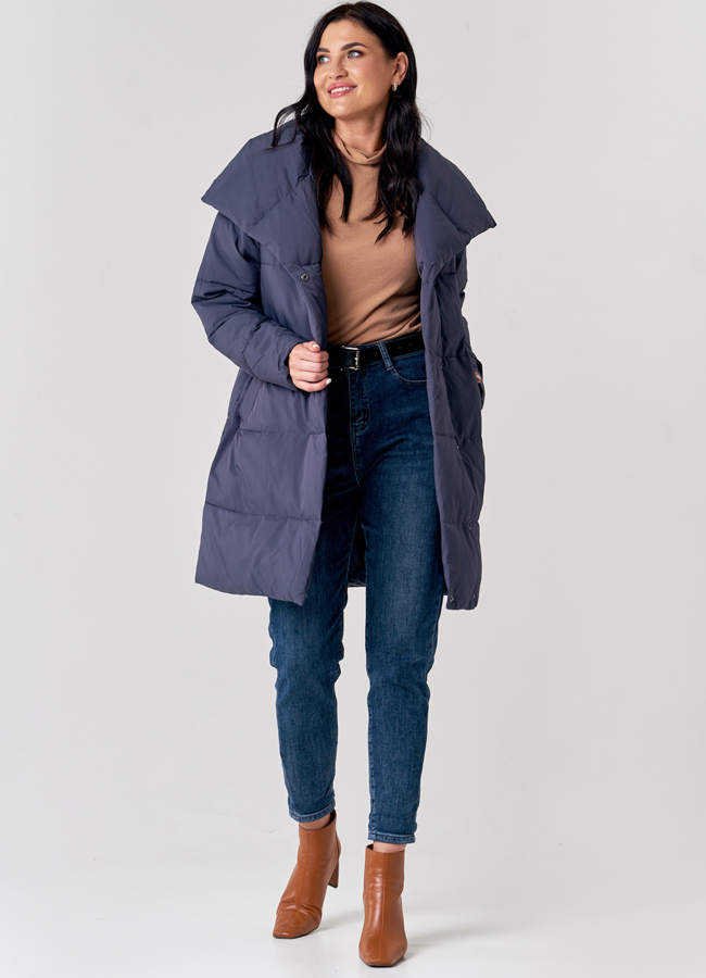 Пуховик женский серого цвета с воротником стойкой модель № 21629 универмаг малина