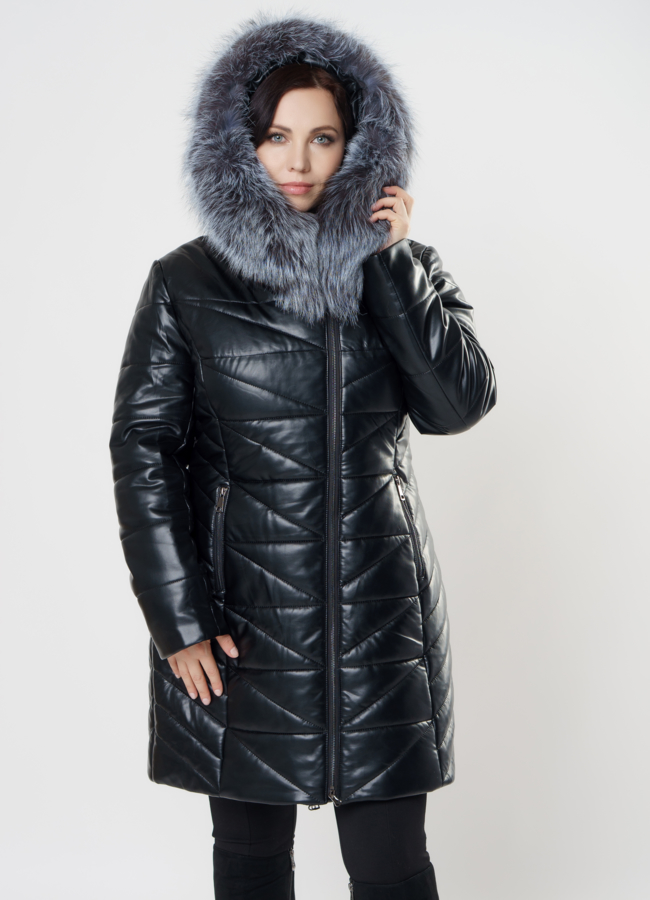 Пуховик из эко кожи черного цвета с чернобуркой модель № 82055 универмаг малина
