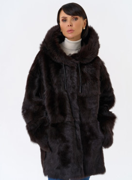 Женская двухсторонняя дубленка с капюшоном