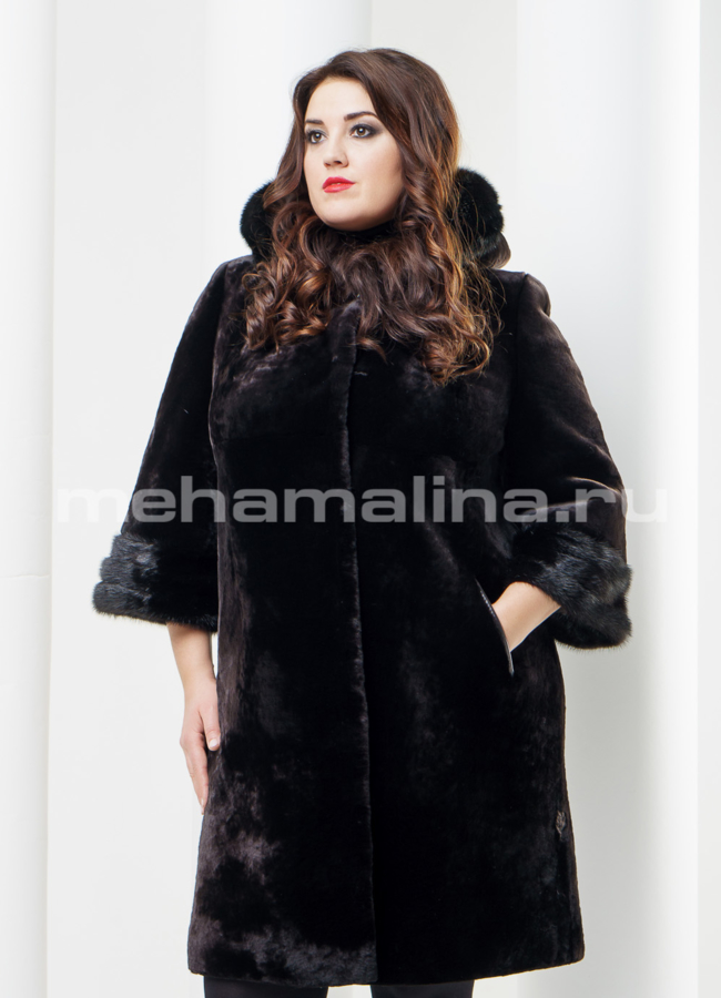 фото Шуба из мутона с капюшоном модель № S-386