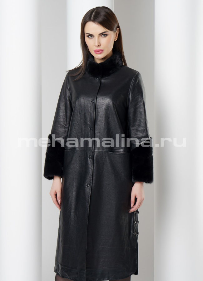 Плащ с отделкой из норки модель № K-434 меха малина