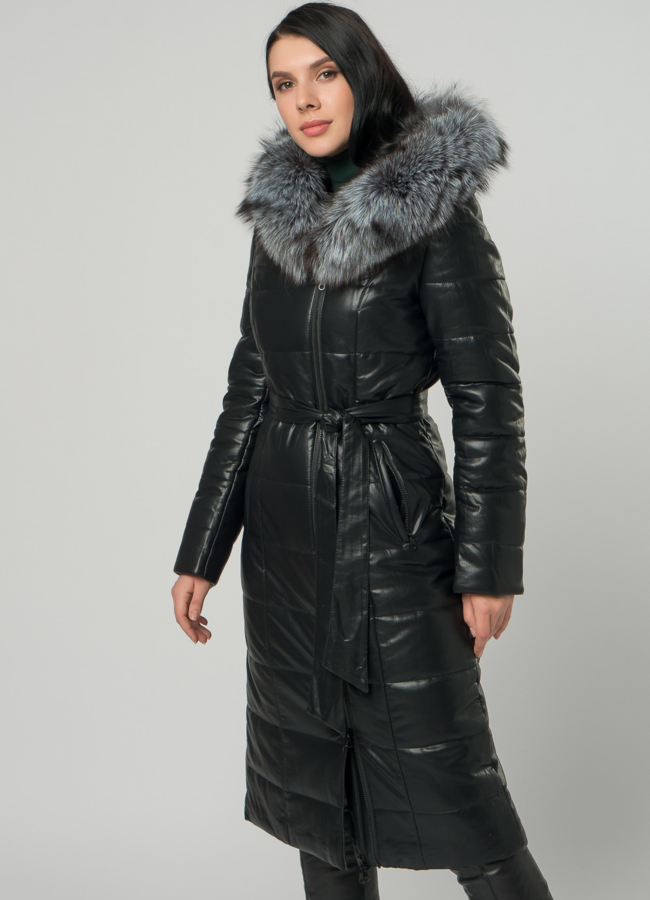 Длинный пуховик из эко кожи с мехом модель № 63676 универмаг малина