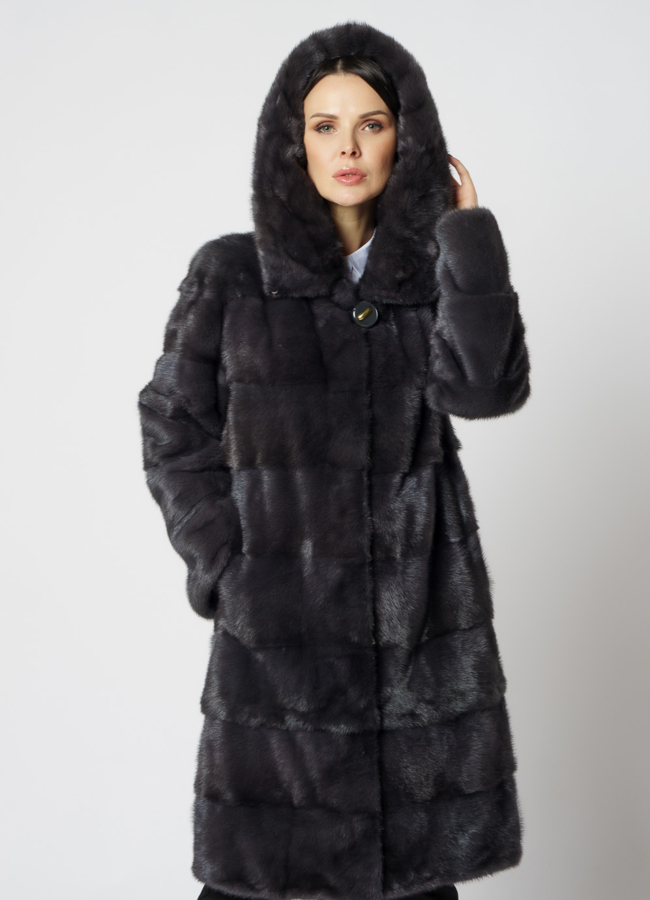 Норковая шуба в цвете графит с капюшоном  модель № 24954 меха малина Норковая шуба в цвете графит с капюшоном  модель № 24954 меха малина