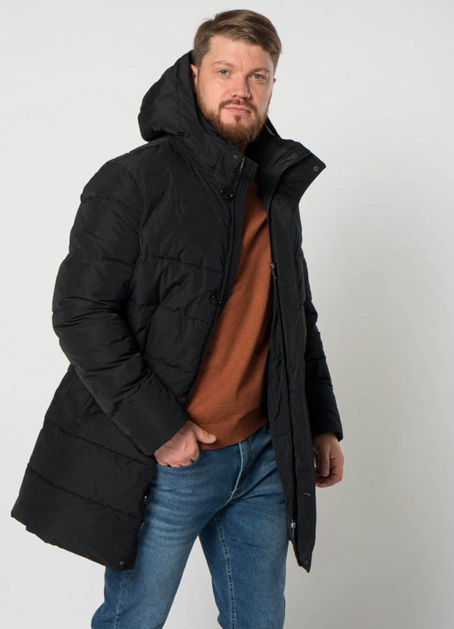 Пуховик мужской в черном цвете с капюшоном модель № 21567 универмаг малина
