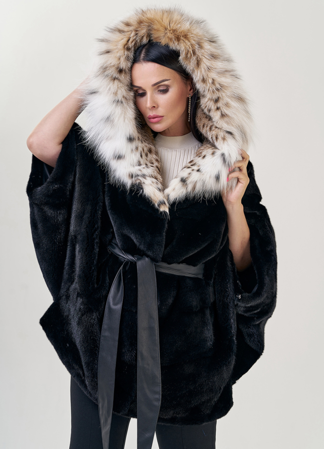 Шуба из норки с рысью модель № 78846 меха малина