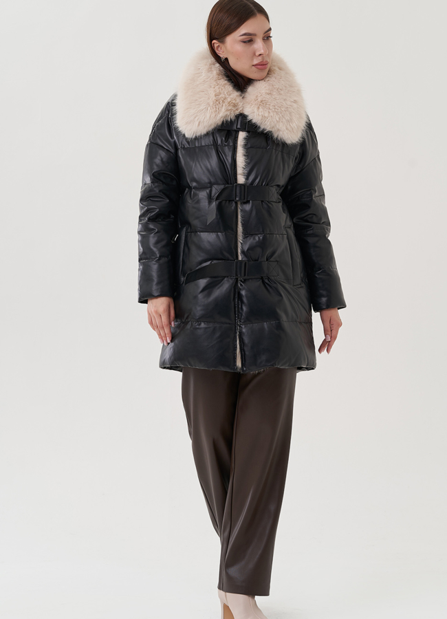 фото Пуховик из эко кожи с воротником из эко меха  модель № 24868