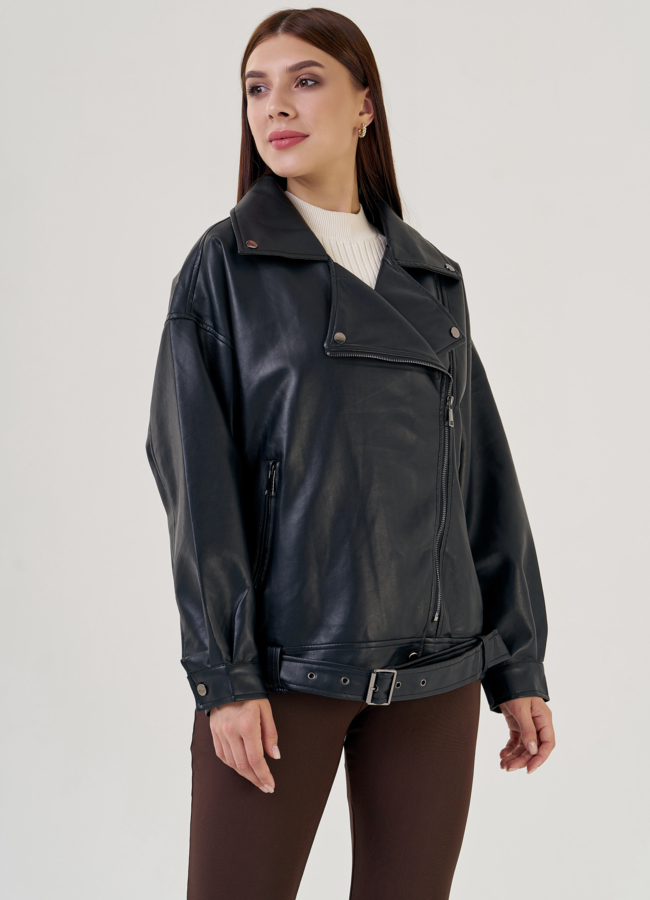 Женская куртка оверсайз из эко кожи в черном цвете модель № 22571 в рассрочку