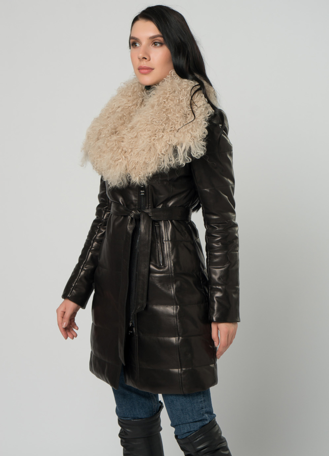 Пуховик из натуральной кожи с мехом модель № 72916 универмаг малина