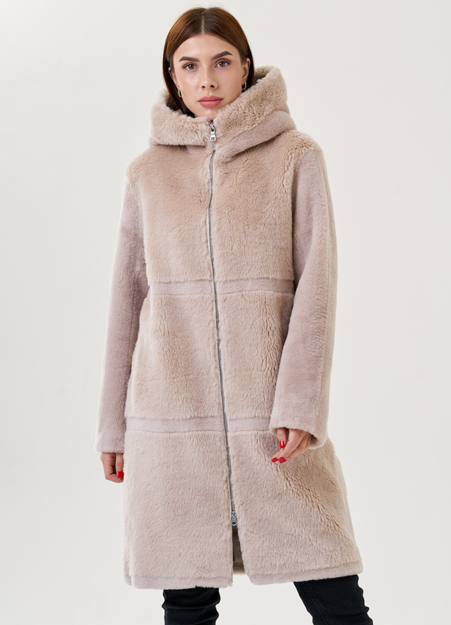 Пальто из эко меха с капюшоном модель № 79319 универмаг малина