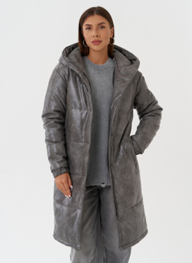 Пуховик из эко кожи с капюшоном