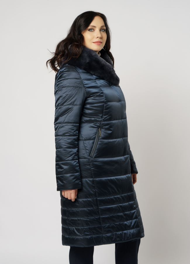 фото Пуховик на поясе с капюшоном, отделка кролик модель № 1963