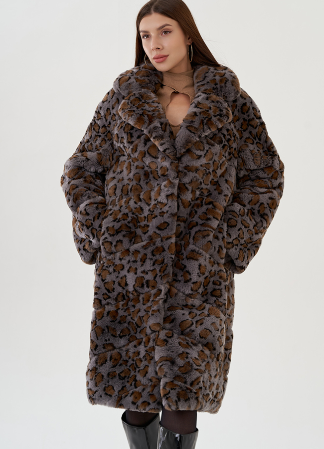 Шуба из кролика с экзотическим принтом модель № 81497 меха малина