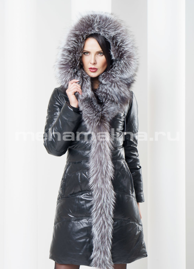 Пуховик кожаный на молнии модель № П-36 меха малина