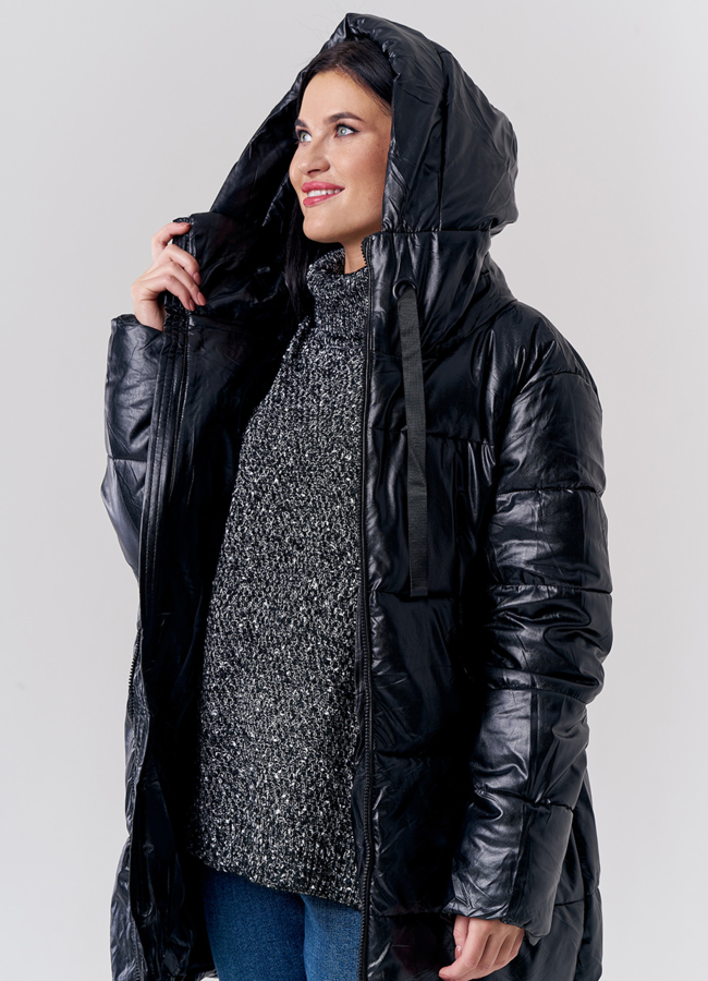 Удлиненная куртка из эко кожи с капюшоном модель № 21852 в рассрочку