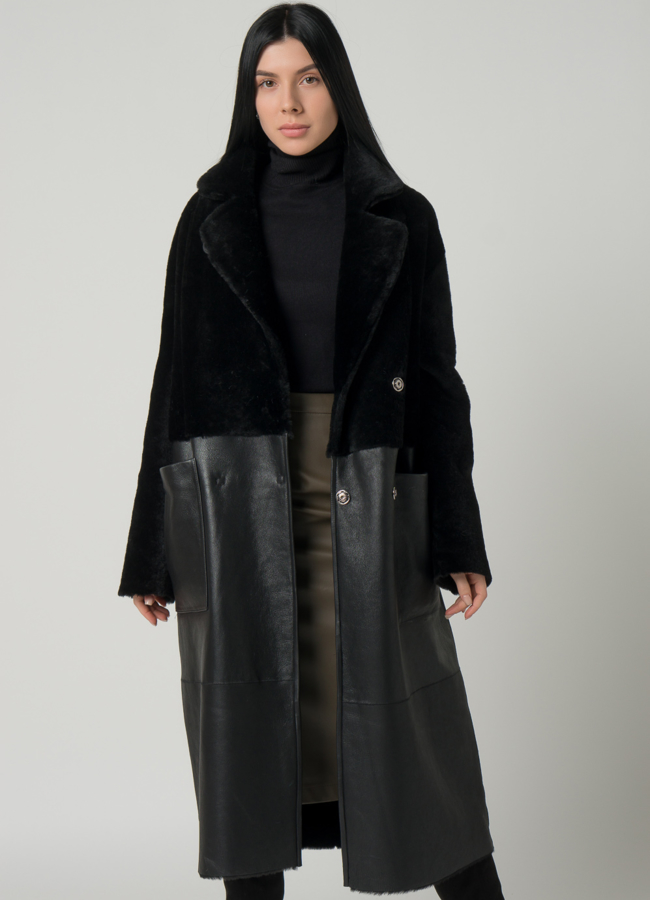 Двусторонняя женская дубленка с английским воротником модель № 22246 в рассрочку