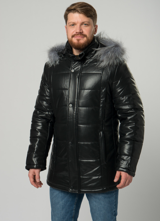 Мужской пуховик из эко кожи с капюшоном модель № 21877 универмаг малина