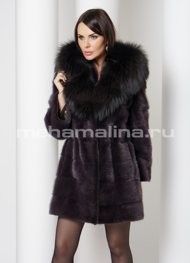 Норковая шуба с капюшоном отделка чернобурка модель № S-747 в рассрочку