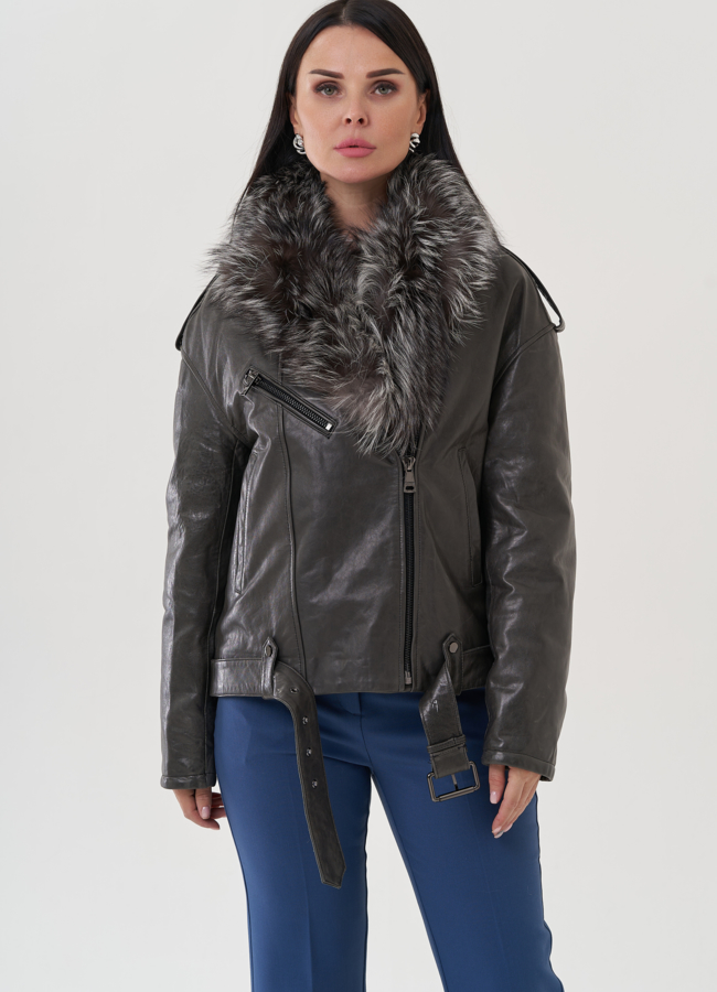 фото Куртка из натуральной кожи с отделкой из меха чернобурки модель № 25375