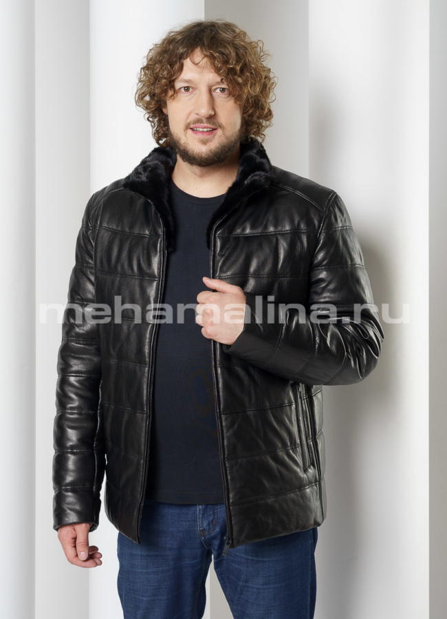 Пуховик из натуральной кожи, со стойкой, на молнии модель № KP-235 меха малина