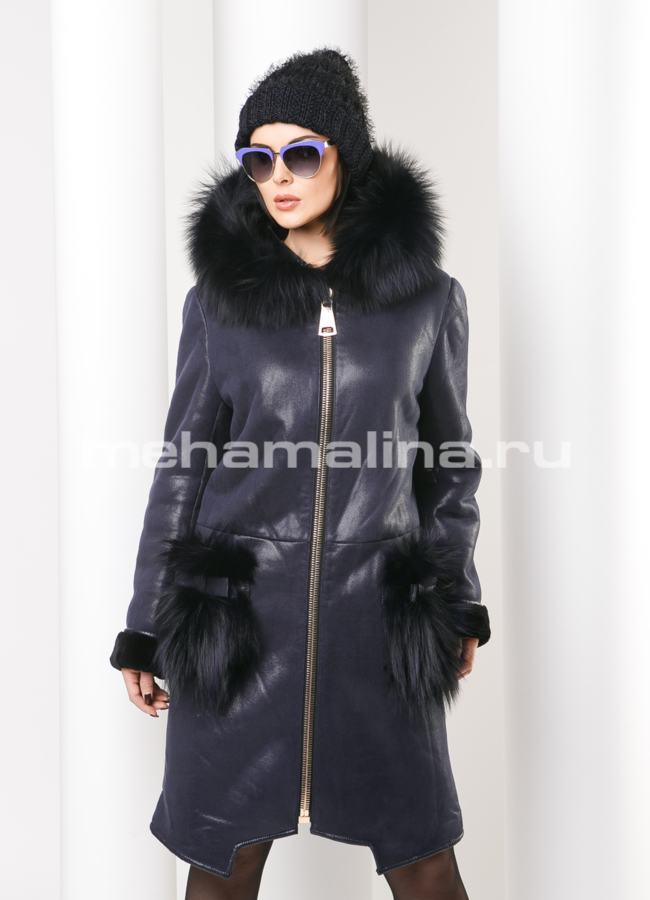 Удлиненная дубленка из эко кожи синего цвета модель № S-158 меха малина