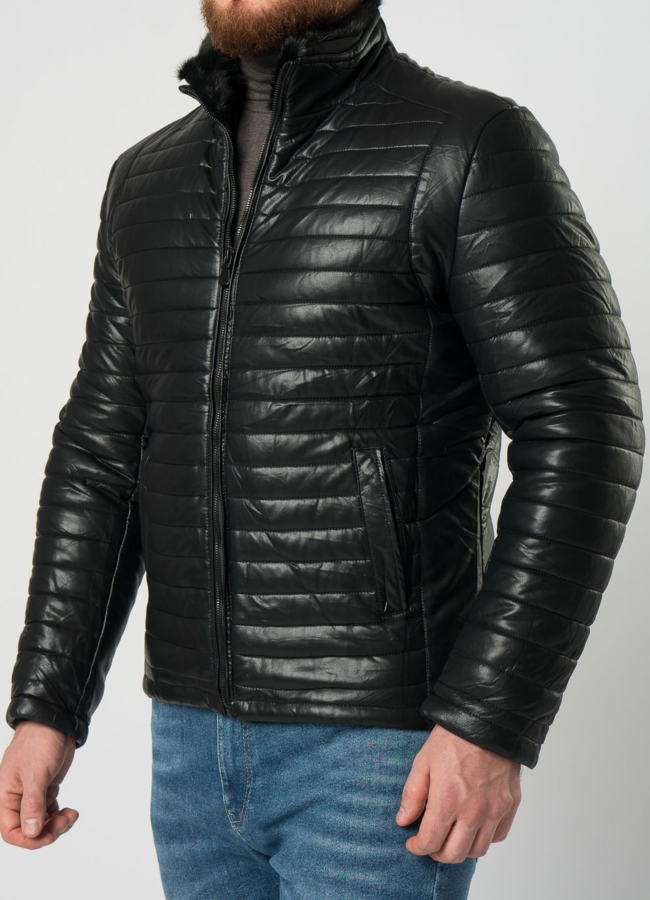 Мужской пуховик из эко кожи с отделкой из норки модель № 21944 универмаг малина