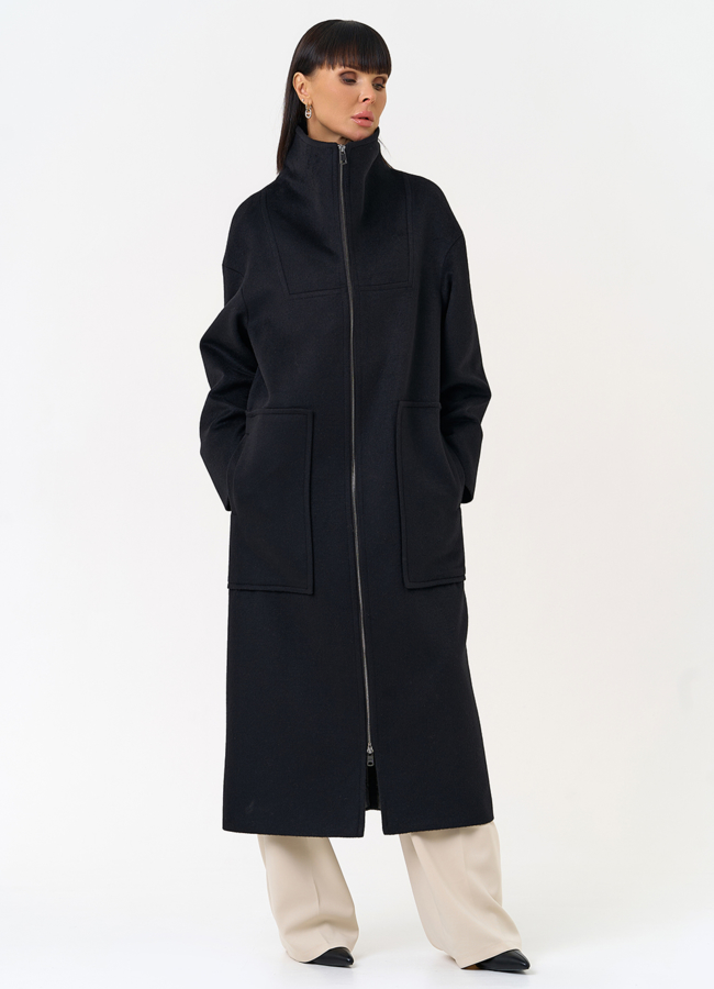 Женское пальто черного цвета с воротником стойкой модель № 31687 универмаг малина