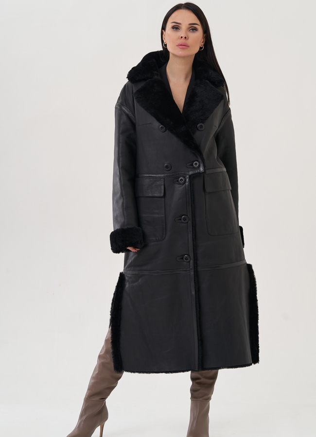 Женская дубленка с английским воротником  модель № 26044 меха малина