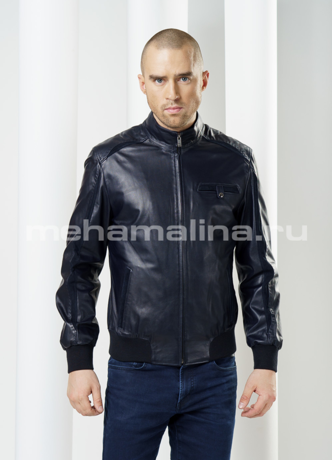 фото Кожаная куртка на резинке, цвет синий модель № KP-91