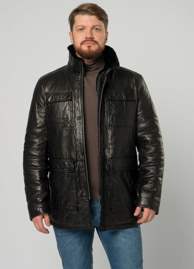 Мужской пуховик из натуральной кожи черного цвета модель № 21922 универмаг малина