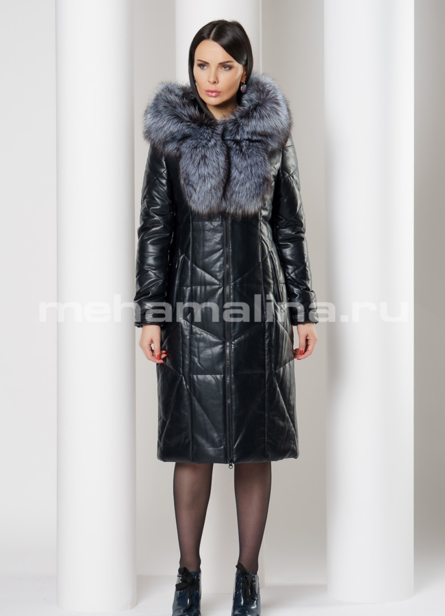 Удлиненный пуховик из эко кожи с капюшоном модель № 6160 в кредит