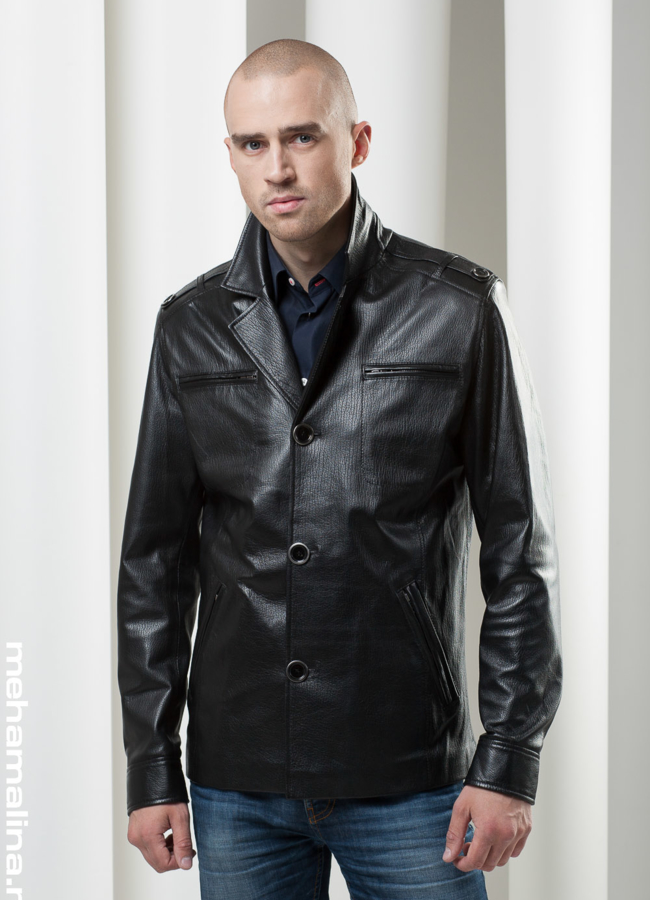 Кожаная куртка с английским воротником модель № KP-57 меха малина