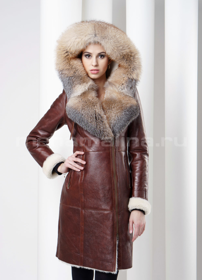 Дубленка натуральная с покрытием модель № D-101 меха малина