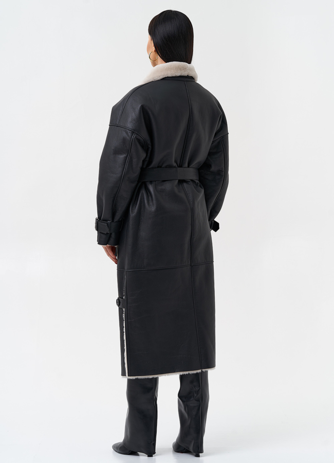 фото Удлиненная женская дубленка с английским воротником  модель № 23645