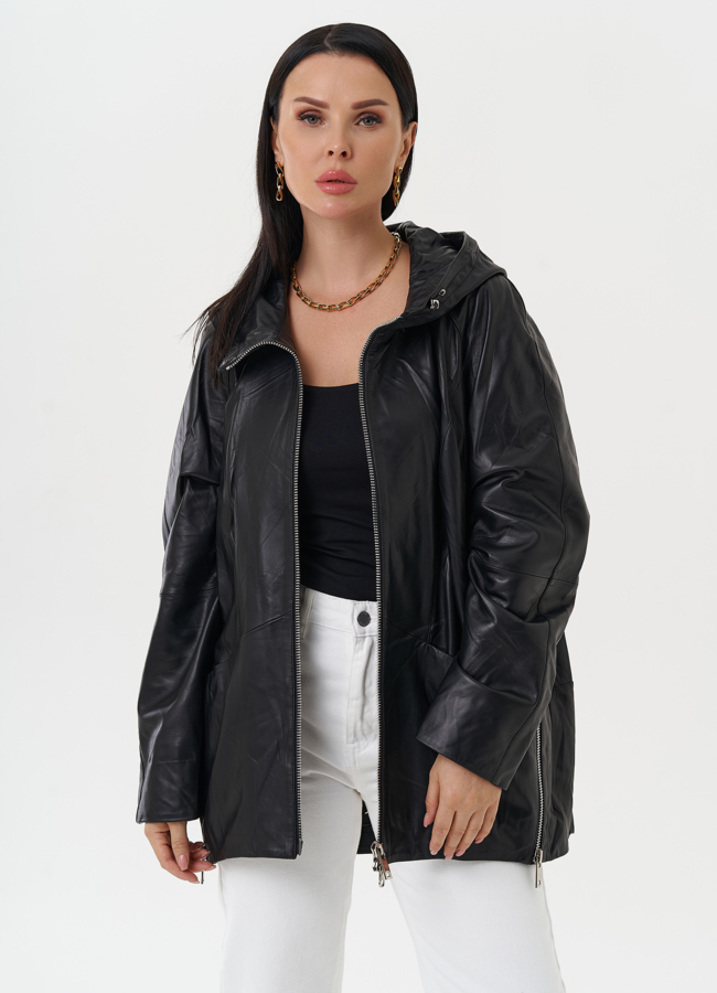 Женская кожаная куртка с капюшоном модель № 28032 универмаг малина