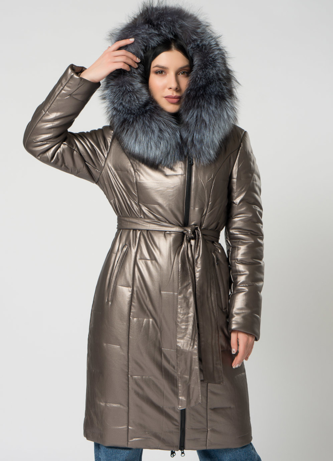 Пуховик из эко кожи с чернобуркой модель № 22122 в кредит