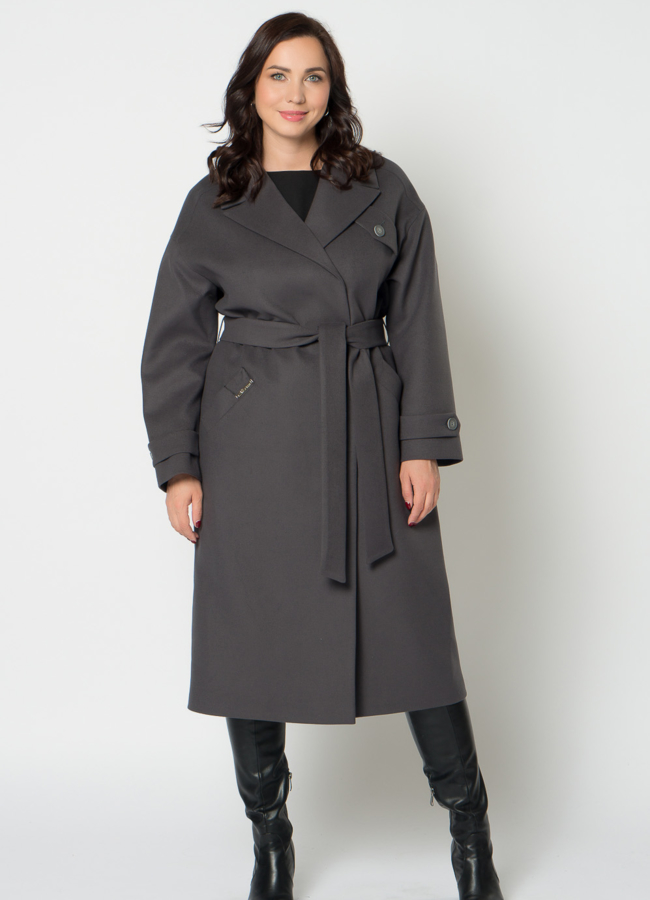 фото Женское пальто в сером цвете с поясом модель № 21374