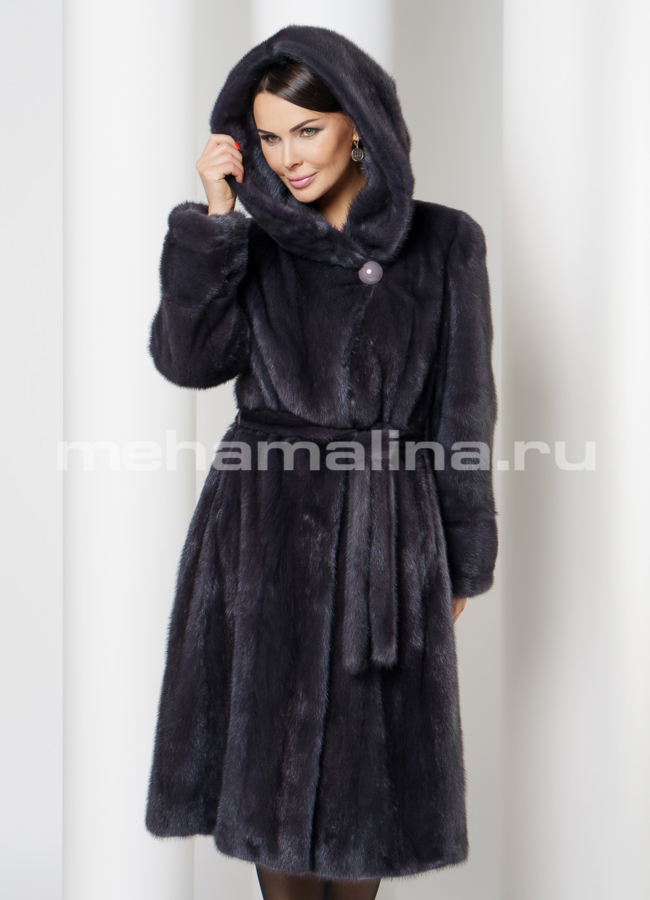 Норковая шуба годе с капюшоном цвет графит модель № S-727 универмаг малина