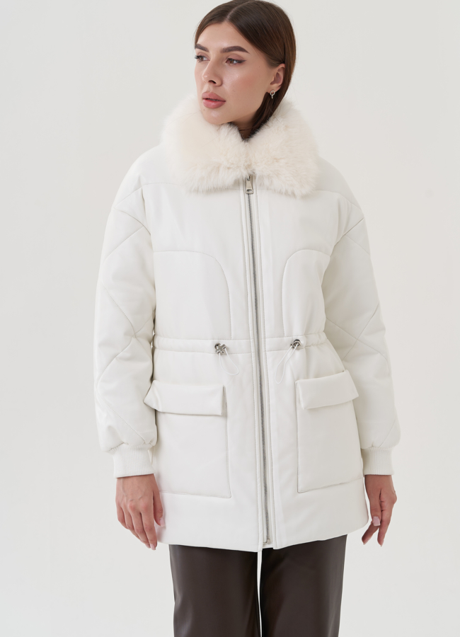 Куртка утепленная из эко кожи с отделкой из меха песца модель № 25497 в кредит