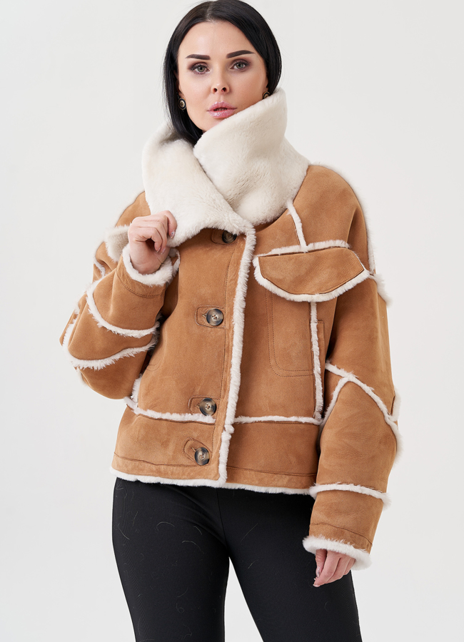 Женская дубленка с английским воротником  модель № 23906 меха малина