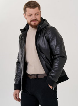 Мужская кожаная куртка с капюшоном 