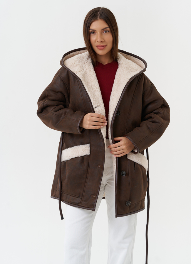 Дубленка из эко кожи с капюшоном модель № 28530 универмаг малина