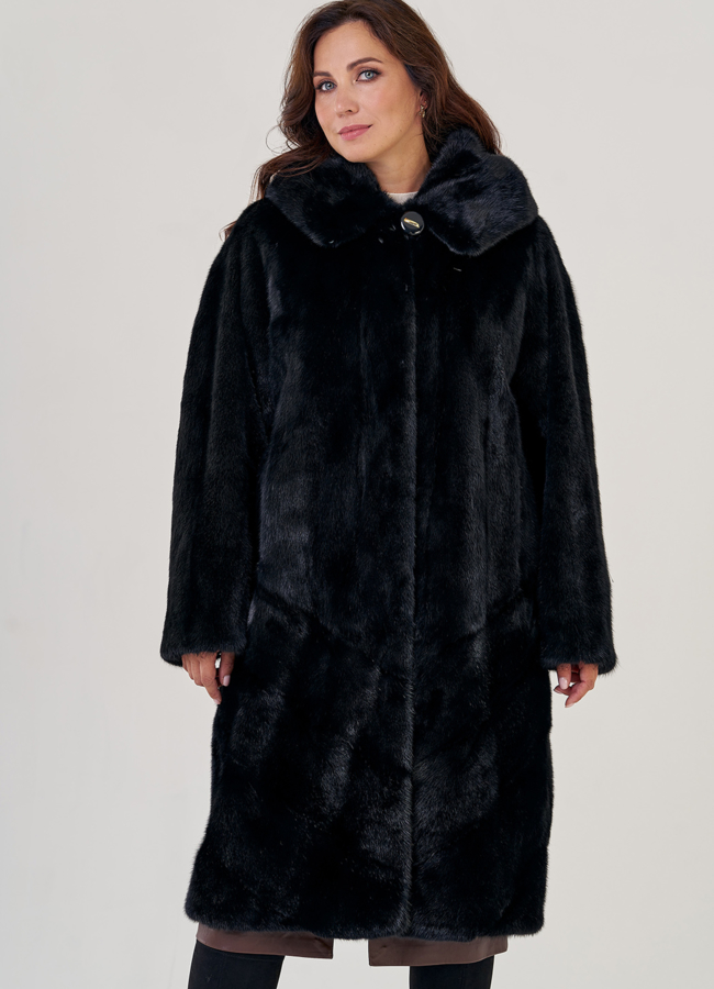 Шуба из норки в черном цвете с капюшоном модель № 23148 меха малина