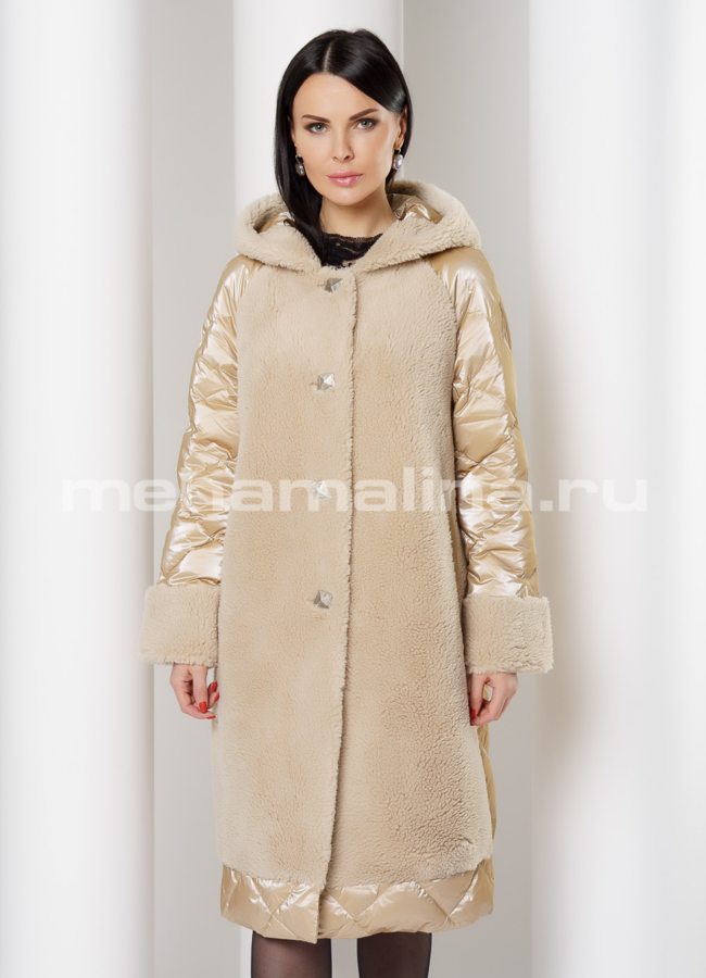 Пуховик с капюшоном на пуговицах  модель № 9917 меха малина