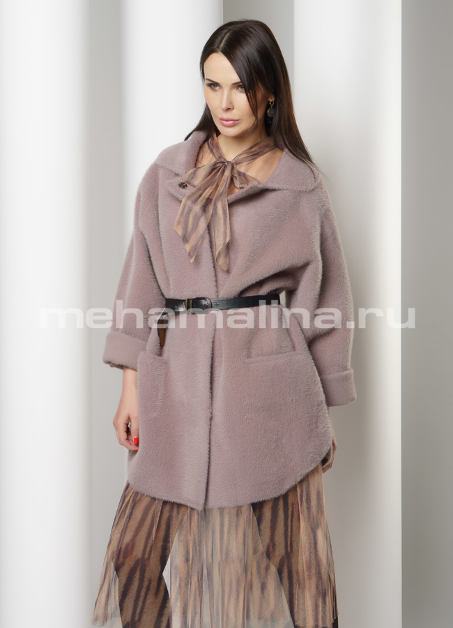 Пальто из микроворса с отложным воротником модель № 9826 меха малина