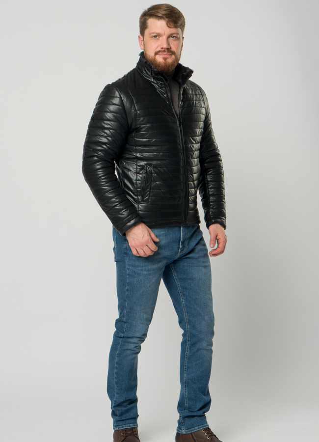 фото Мужской пуховик из эко кожи с отделкой из норки модель № 21944