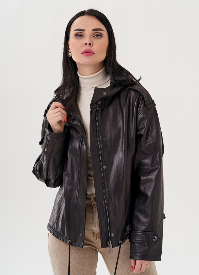 Кожаная куртка с капюшоном модель № 24361 универмаг малина